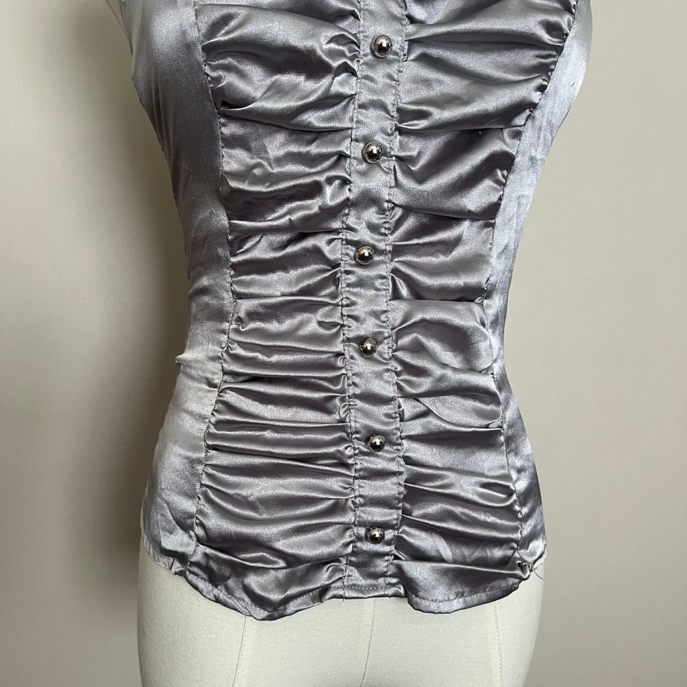 Silver Satin Ruched Halter Top Smocked Back Y2K Grey Party Blouse - Picture 4 of 9